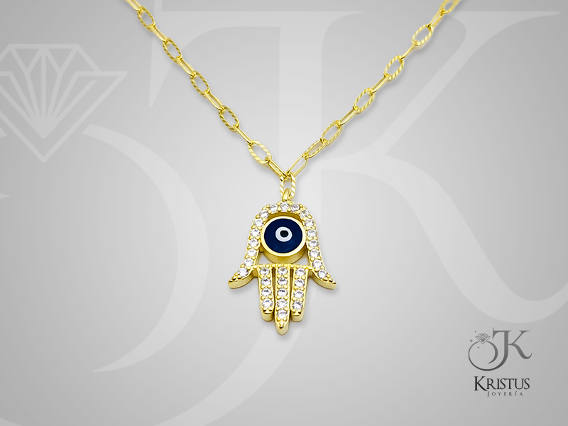 Collar Mano de Fátima de Plata Fina 925 con baño de oro y Circones -Símbolo de Protección y Bendición