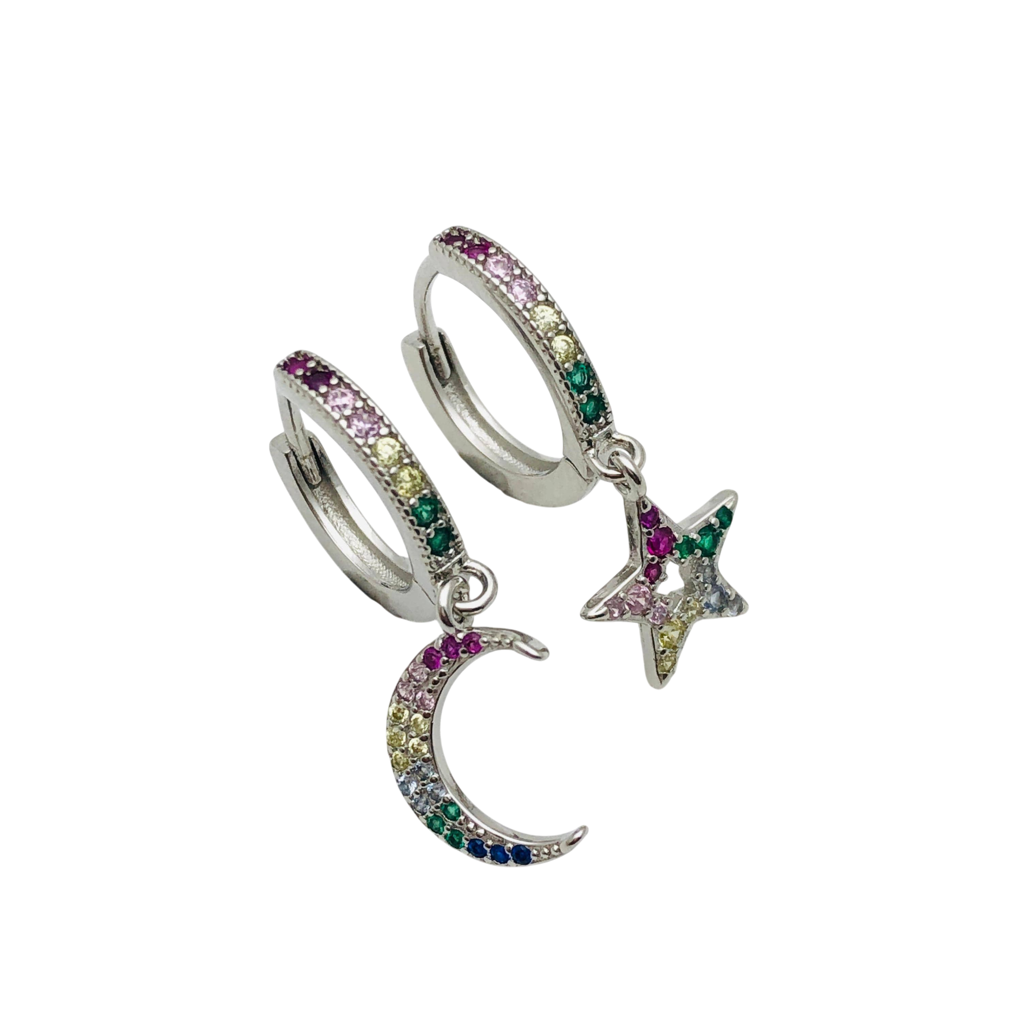 Aros Luna & Estrella Brillantes – Plata Fina 925.