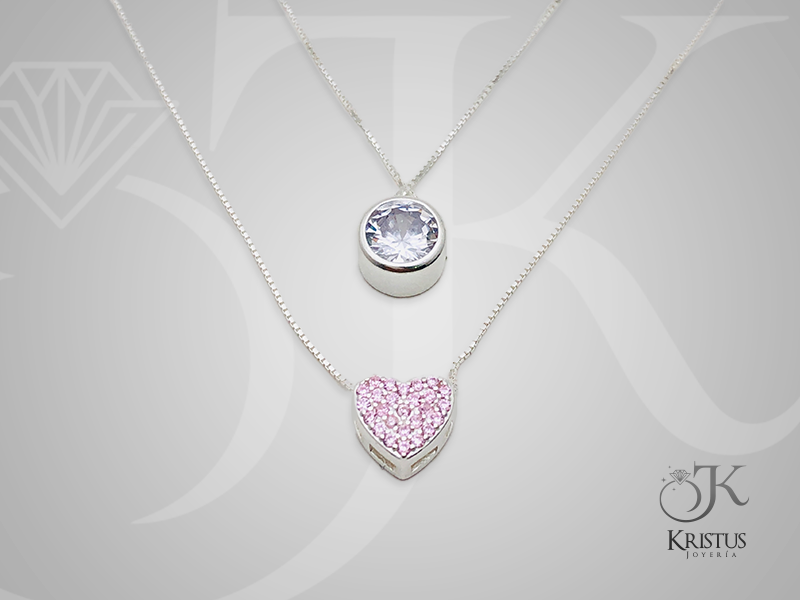 Collar Doble de Corazón y Punto de Luz con Circones de Plata Fina Ley 925 - Amor y Luz