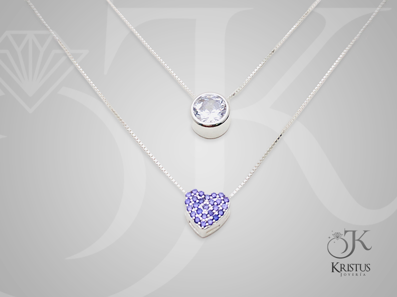 Collar Doble de Corazón y Punto de Luz con Circones de Plata Fina Ley 925 - Amor y Luz
