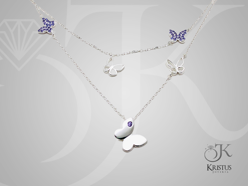 Collar Doble con Mariposa y Circones de Plata Fina Ley 925 - Belleza y Libertad