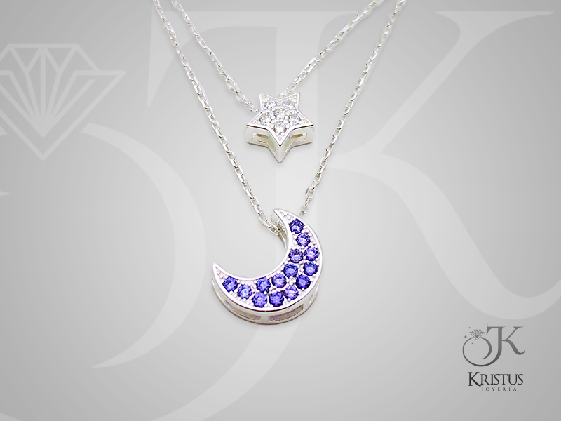 Collar Doble Luna y Estrella con Circones de Plata Fina Ley 925 - Elegancia y Misterio