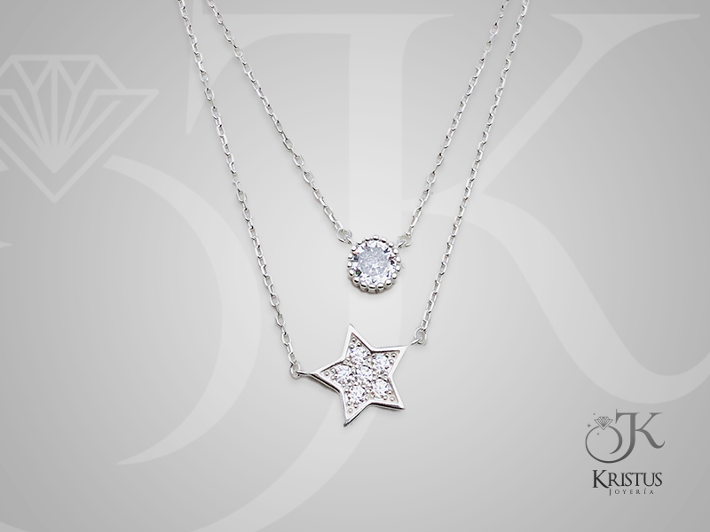 Collar Doble de Estrella y Punto de Luz con Circones de Plata Fina Ley 925 - Belleza Celestial