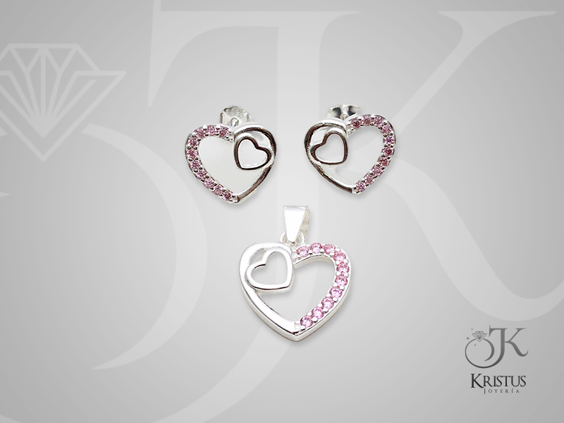 Conjunto Doble Corazón en Plata Fina 925 con Circones - Símbolo de Amor Eterno y Unión.