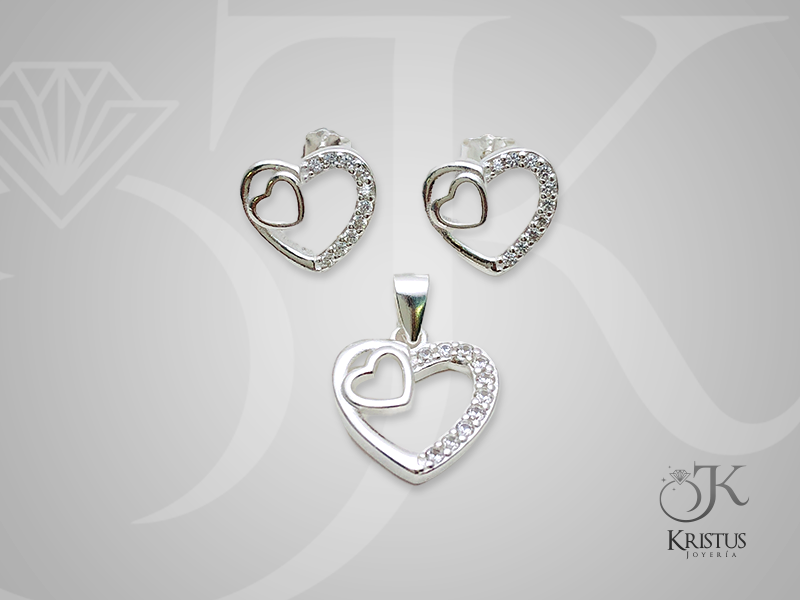 Conjunto Doble Corazón en Plata Fina 925 con Circones - Símbolo de Amor Eterno y Unión.