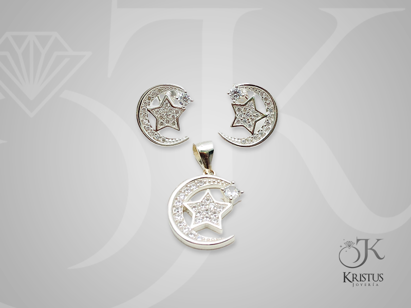 Conjunto Luna y Estrella en Plata Fina 925 con Circones - Símbolo de Iluminación y Guía