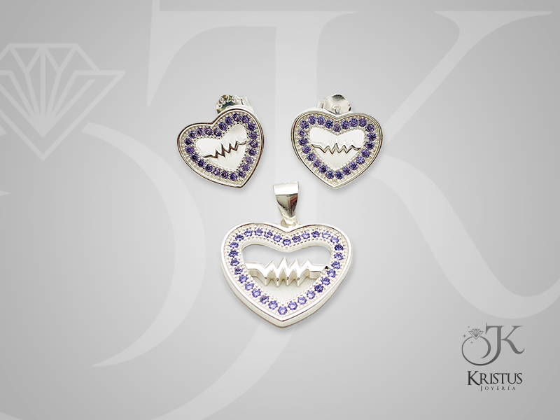 Conjunto Corazón Latido en Plata Fina 925 con Circones  Símbolo de Amor y Vida