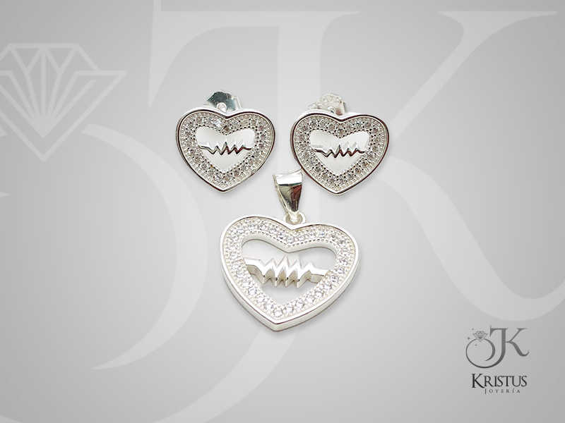 Conjunto Corazón Latido en Plata Fina 925 con Circones  Símbolo de Amor y Vida