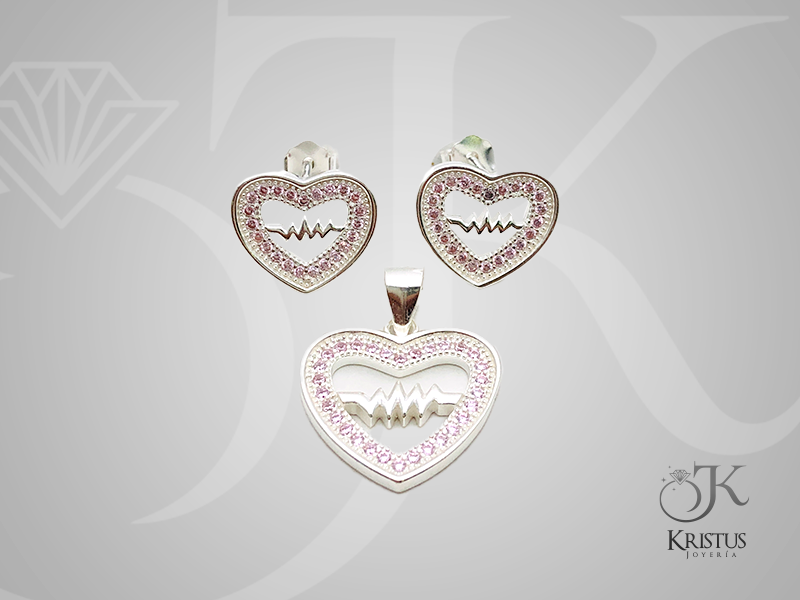 Conjunto Corazón Latido en Plata Fina 925 con Circones  Símbolo de Amor y Vida
