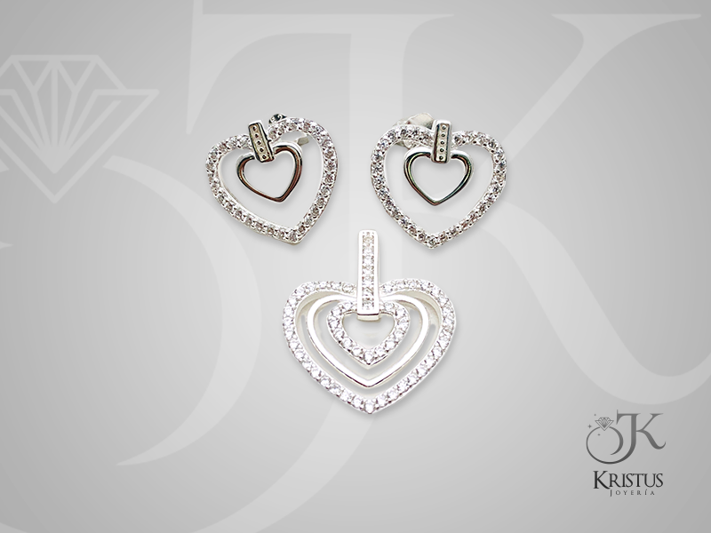 Conjunto Doble Corazón en Plata Fina 925 con Circones - Símbolo de Amor Eterno y Unión