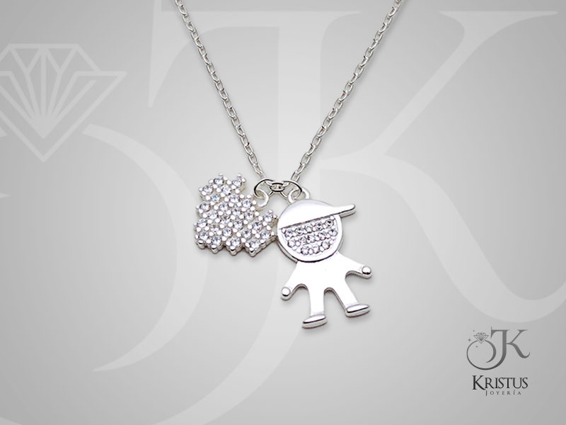Collar de Niño y Corazón de Circones en Plata Fina 925 - Símbolo de Amor y Protección