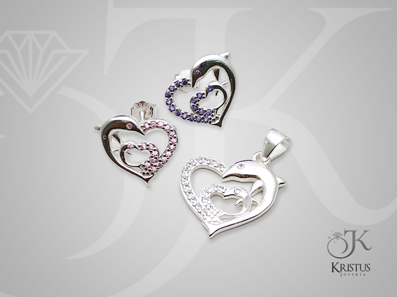 Conjunto Delfín en Forma de Corazón en Plata Fina 925 con Circones  Símbolo de Amor y Libertad