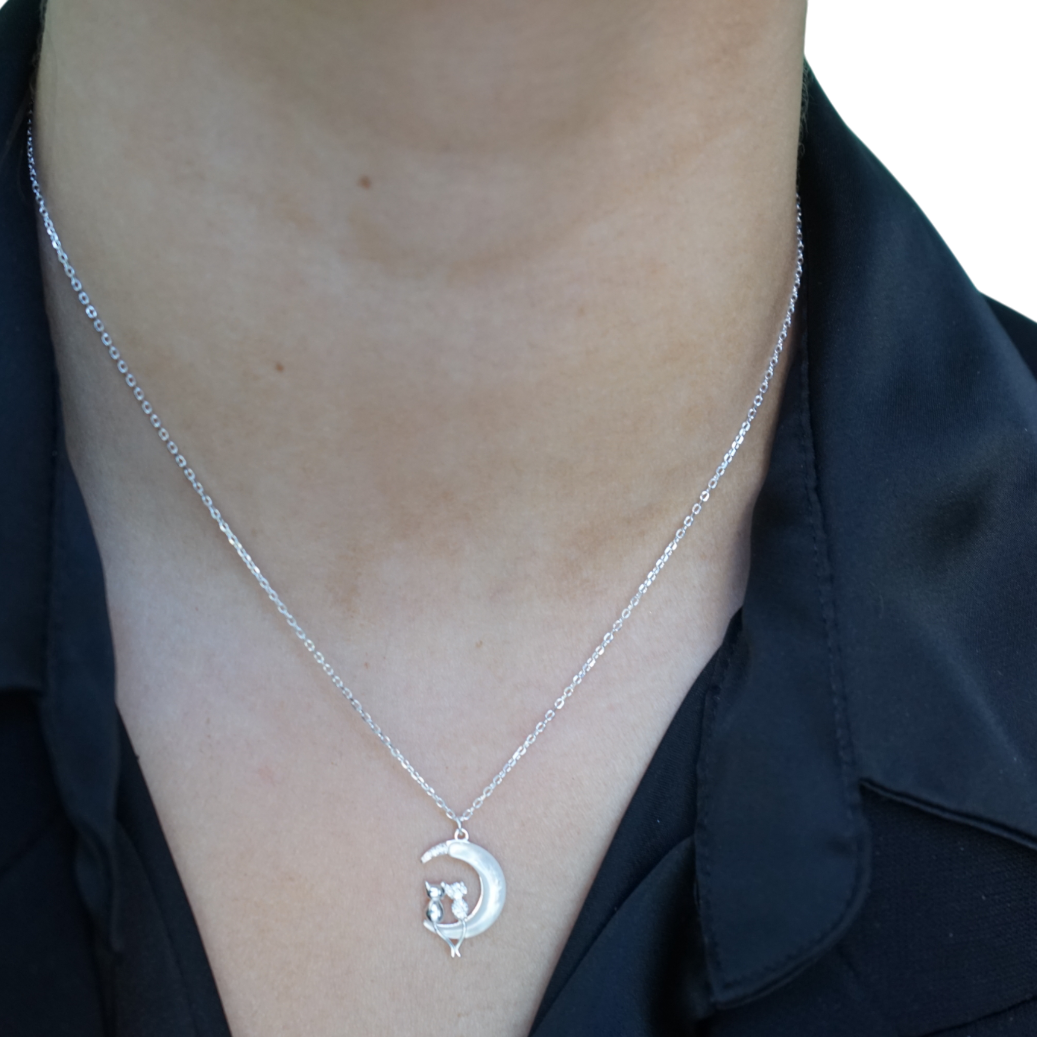 Collar Luna con Dos Gatitos – Plata Fina 925