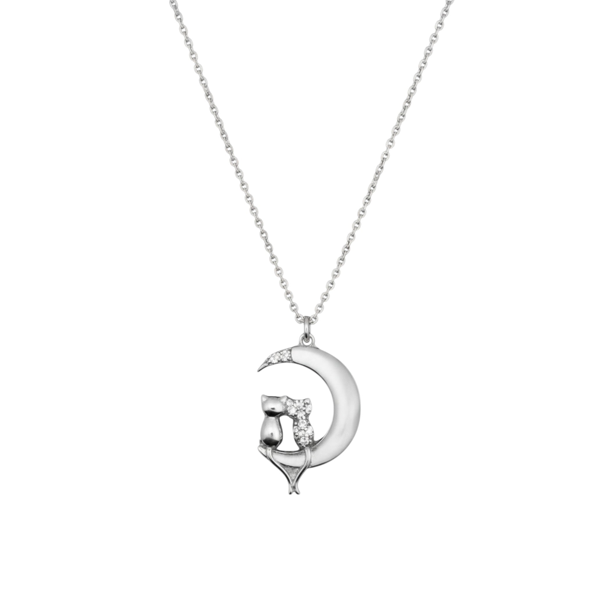 Collar Luna con Dos Gatitos – Plata Fina 925
