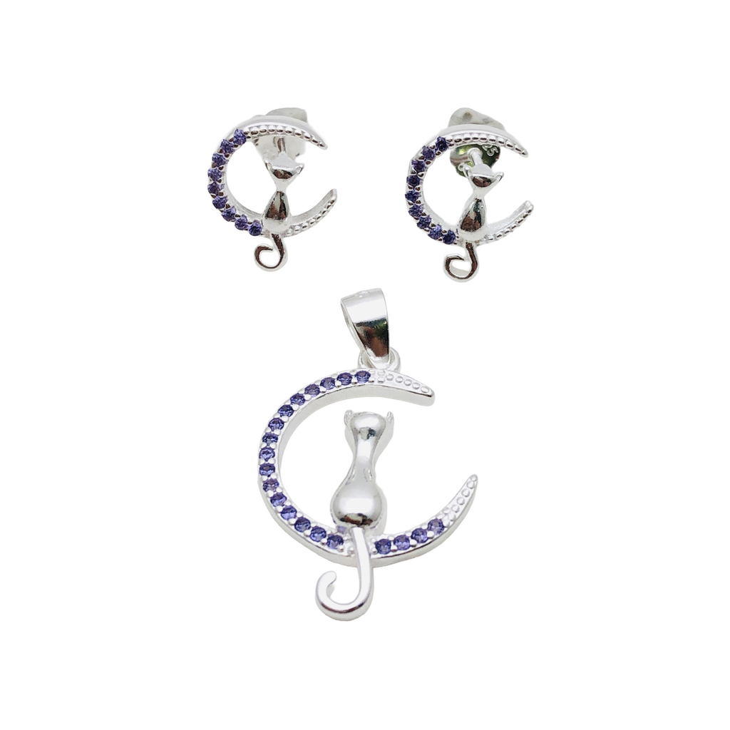 Conjunto Gato en la Luna en Plata Fina 925 con Circones  Símbolo de Misterio y Curiosidad