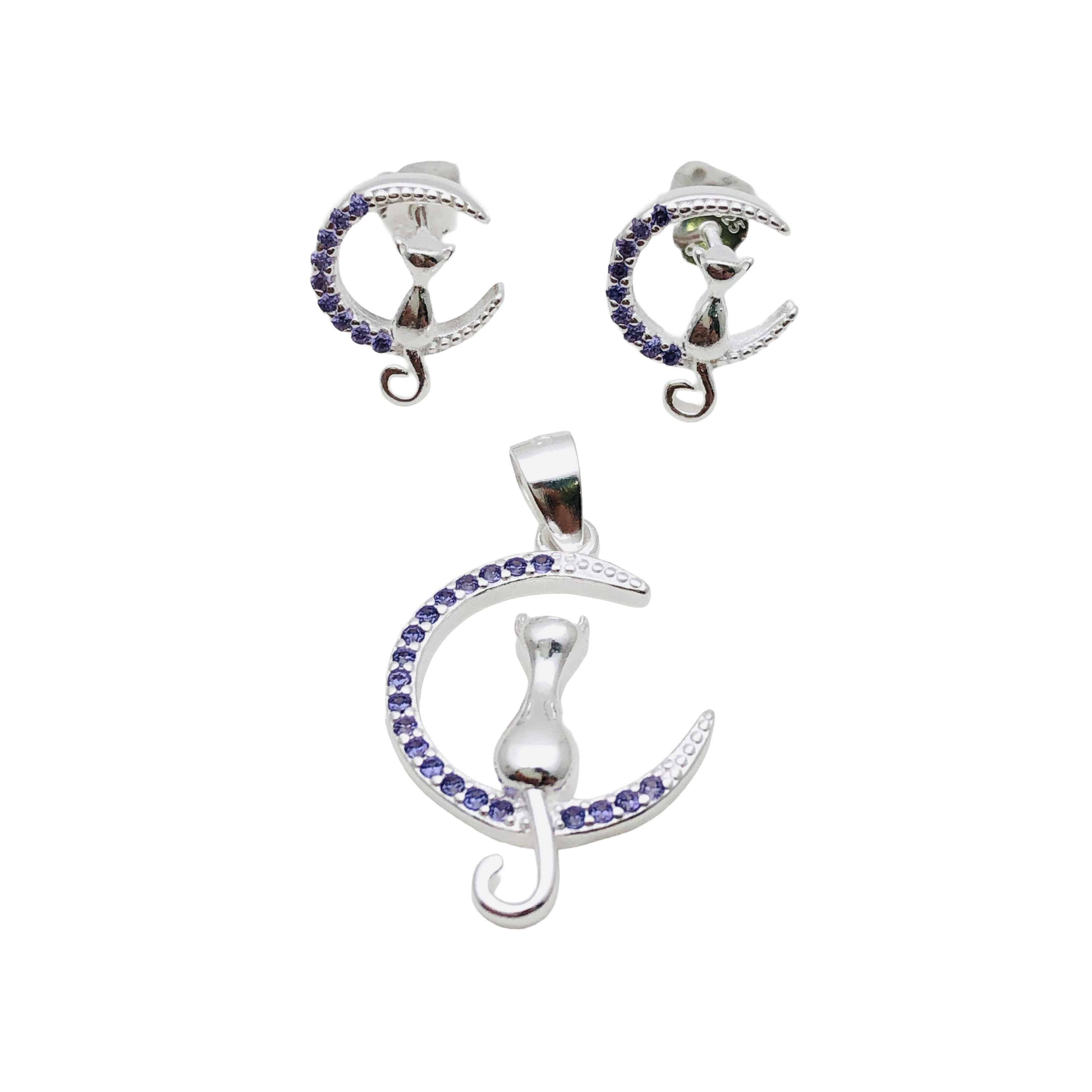 Conjunto Gato en la Luna en Plata Fina 925 con Circones  Símbolo de Misterio y Curiosidad