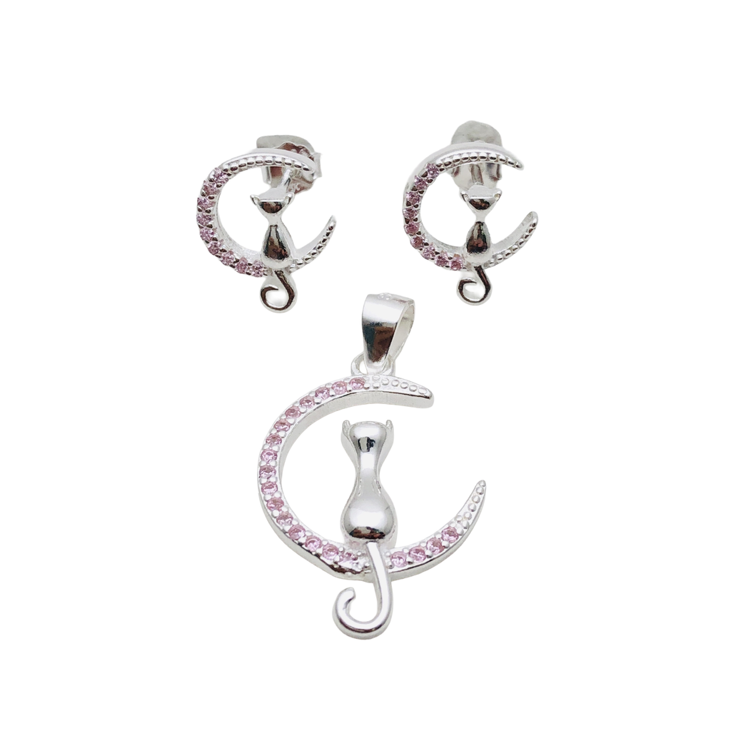 Conjunto Gato en la Luna en Plata Fina 925 con Circones  Símbolo de Misterio y Curiosidad