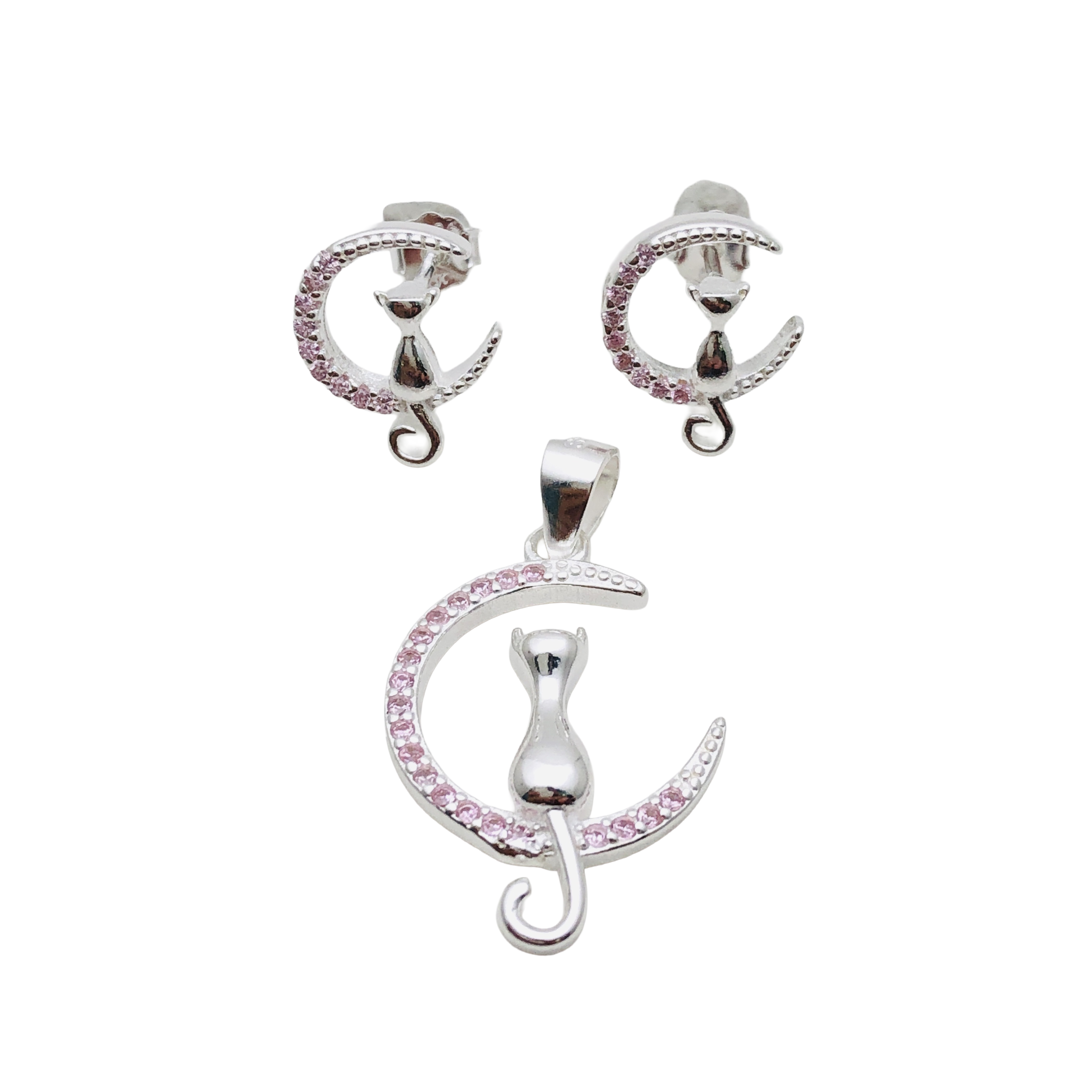 Conjunto Gato en la Luna en Plata Fina 925 con Circones  Símbolo de Misterio y Curiosidad