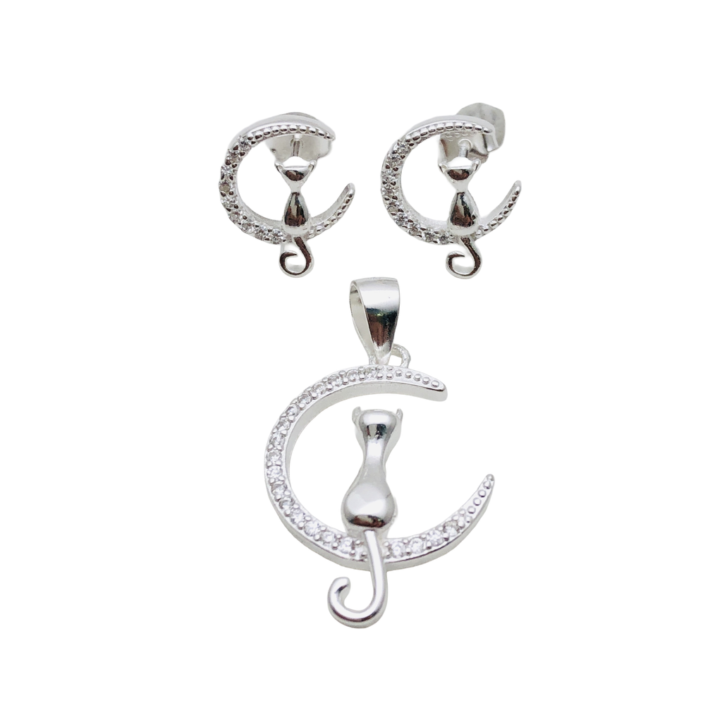 Conjunto Gato en la Luna en Plata Fina 925 con Circones  Símbolo de Misterio y Curiosidad