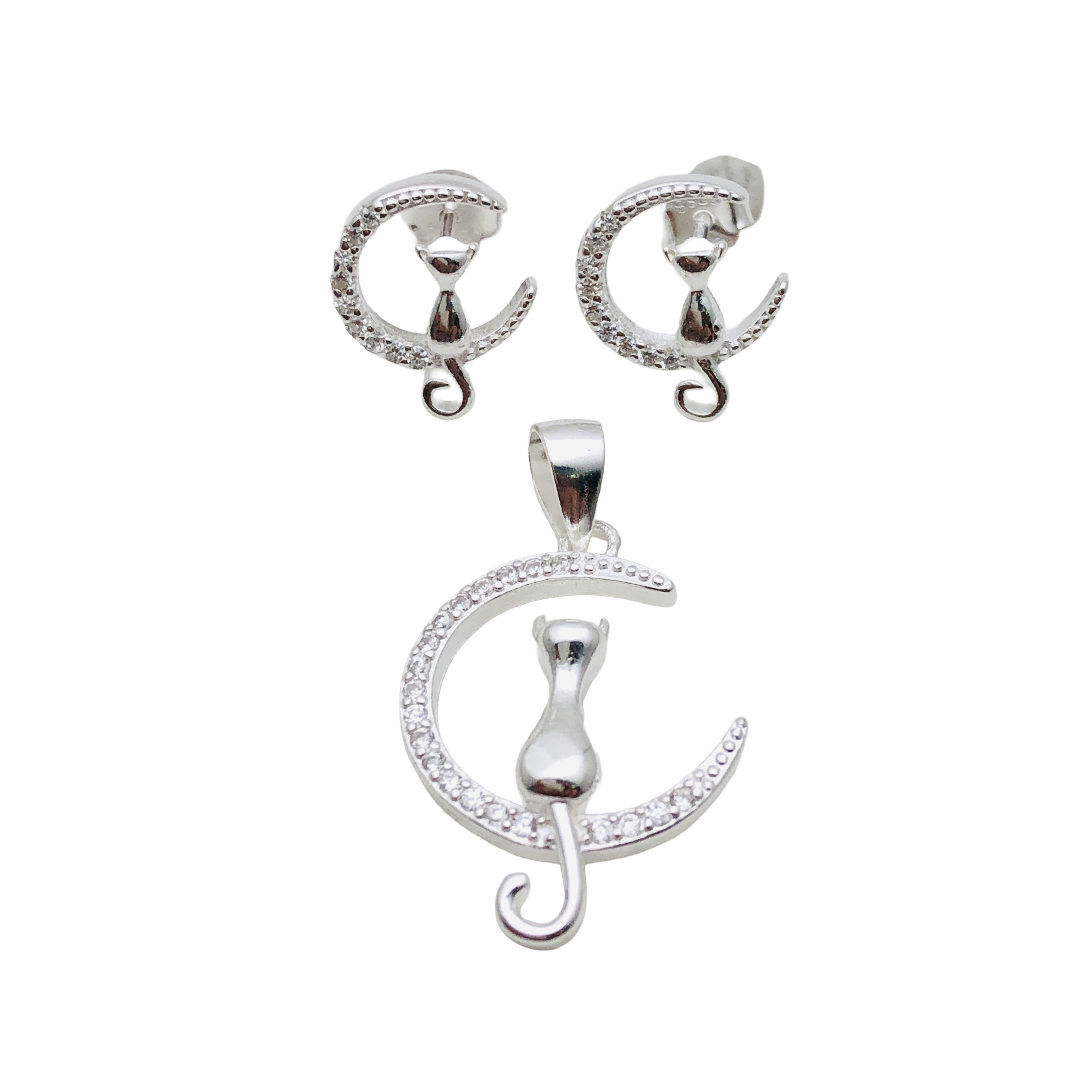 Conjunto Gato en la Luna en Plata Fina 925 con Circones  Símbolo de Misterio y Curiosidad