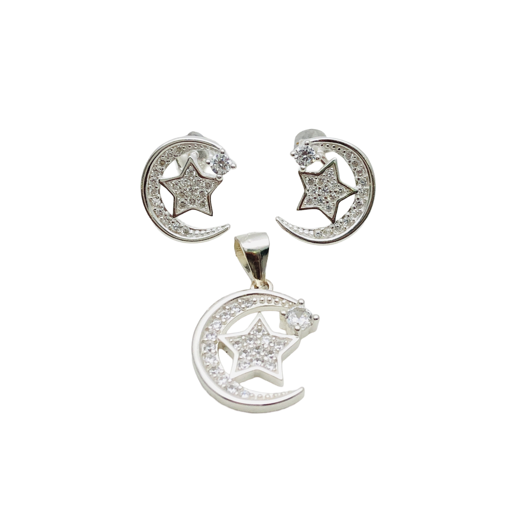 Conjunto Luna y Estrella en Plata Fina 925 con Circones - Símbolo de Iluminación y Guía